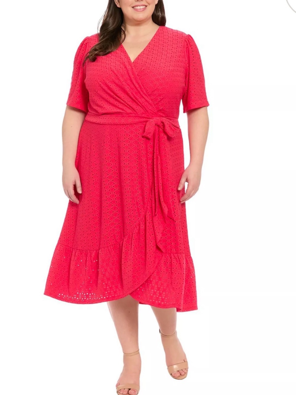 London Times Plus-Size Eyelet Wrap Dress in light red NWT